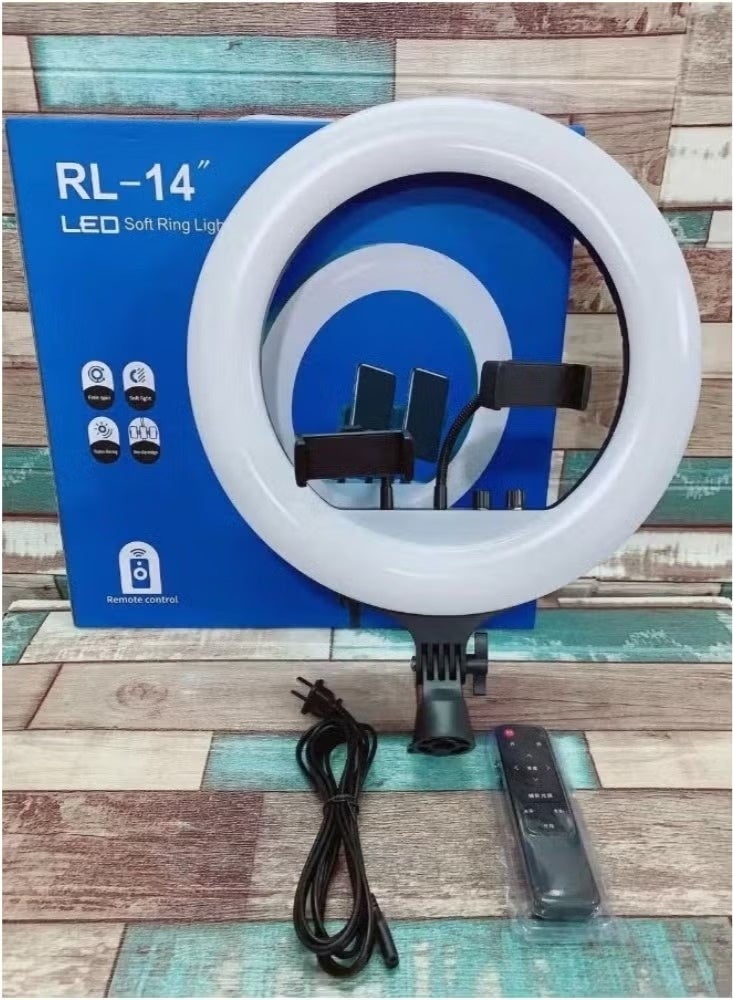 متجر سهل إضاءة حلقية RL-14 مقاس 14 بوصة مع حامل ثلاثي القوائم وجهاز تحكم عن بعد، إضاءة سيلفي LED لتسجيل الفيديو والبث المباشر والتصوير الفوتوغرافي، لون أسود - Image 1